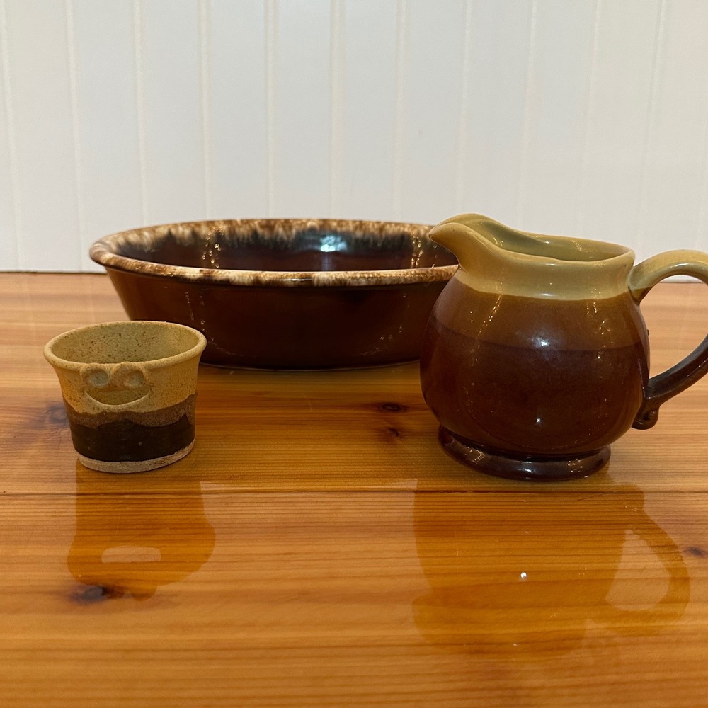 Vintage Unbranded Stoneware Pottery Set  Excellent Drip Glaze Bowl Pitcher Cup